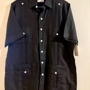 Vintage Black Short-Sleeve Guayabera Shirt Linen with White Buttons Ramon Puig M